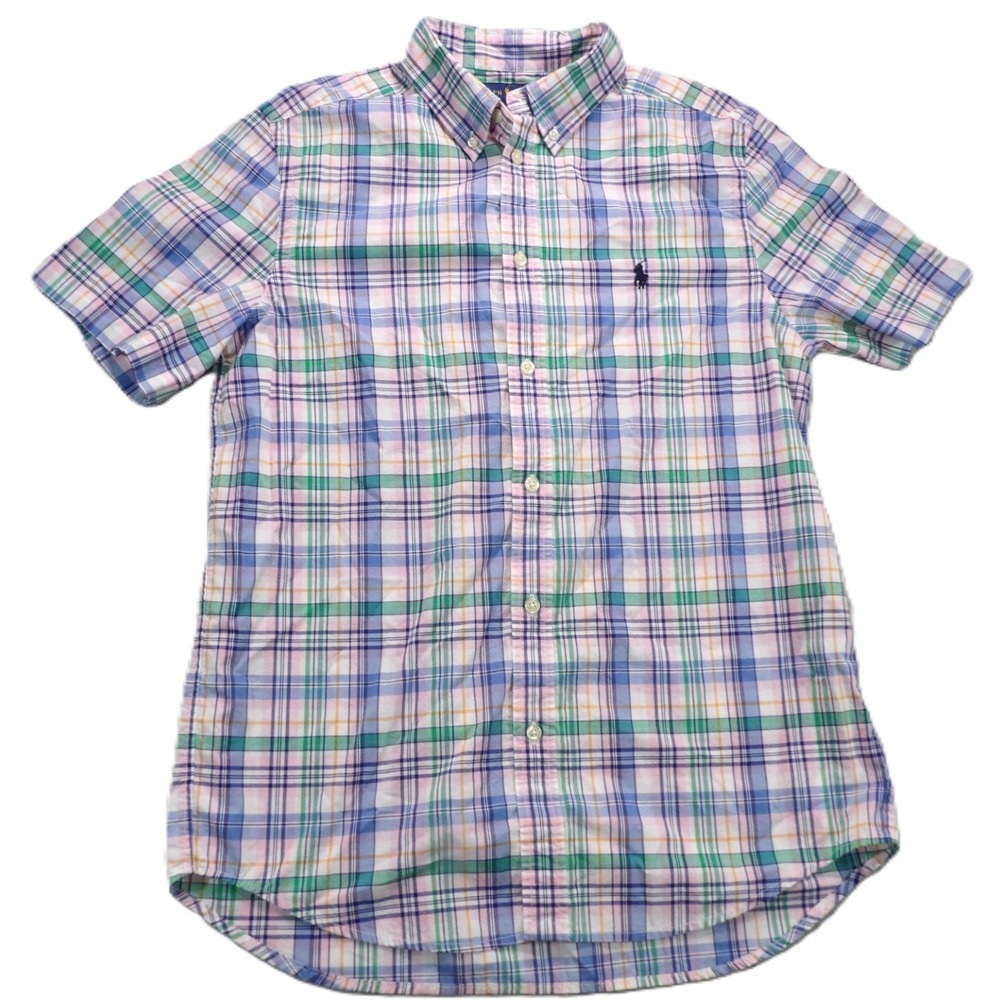 Ralph Lauren Men XL Short Sleeve Plaid Button Down Shirt Natural Stretch Casual